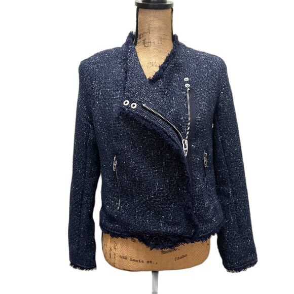 Blank NYC Spring Tweed Moto Zip Jacket Navy Blue‎ Edgy Chic Evereve Size Small - Picture 3 of 6